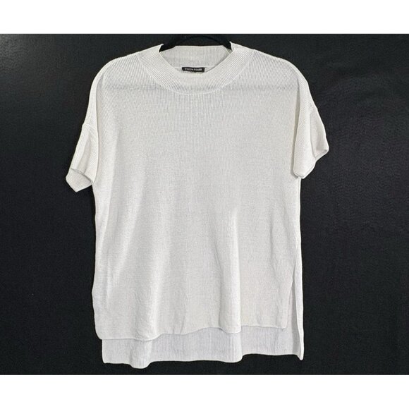 EILEEN FISHER Women Pullover Sweater Short Sleeve Organic Linen Sz L White 6-31 - Picture 1 of 8